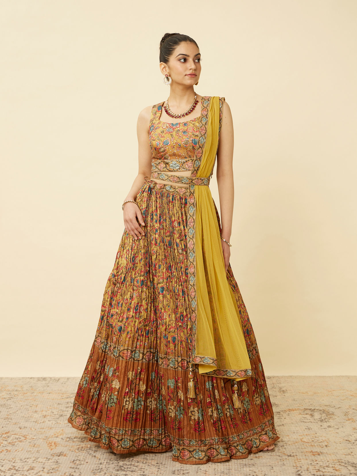 alt message - Mohey Women Mustard Yellow Floral Printed Lehenga image number 0